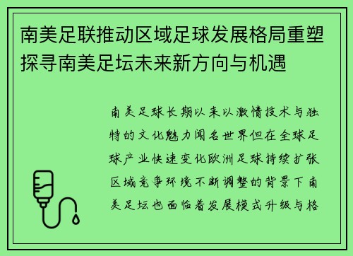 南美足联推动区域足球发展格局重塑探寻南美足坛未来新方向与机遇